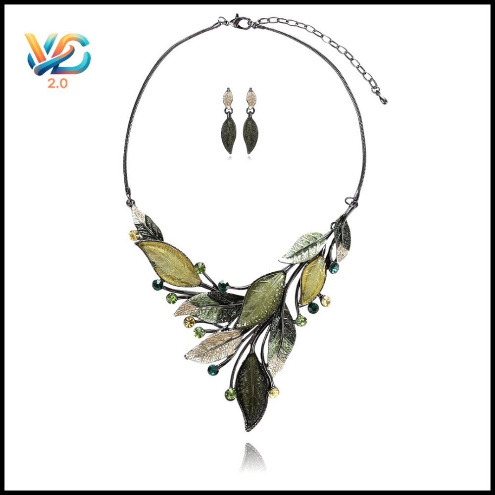 Vintage Statement Jewelry Set Crystal Rhinestone Floral Leaf Necklace Earrings